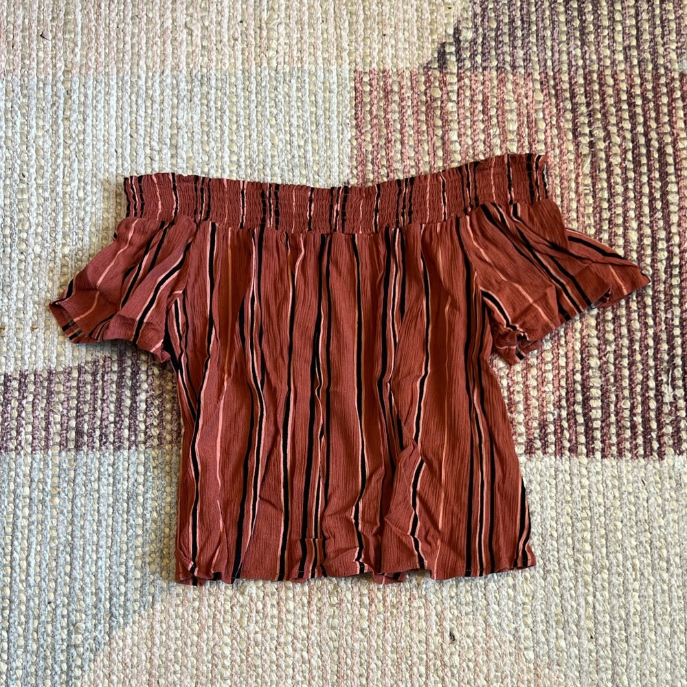 JOLT Striped Burgundy Off the Shoulder Blouse